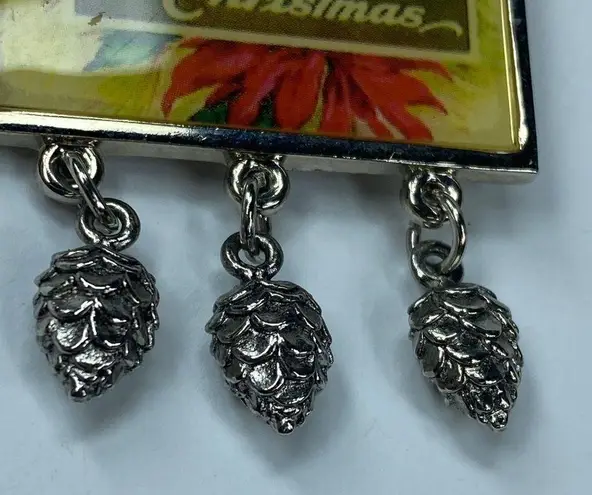 Merry Christmas Vintage Jewelry Pin Brooch Poinsettias and Dangling Pinecones