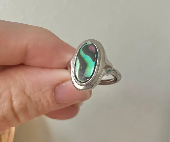 Avon Northern Lights Silver Oval Abalone Inlay Ring Western Vintage Milgrain Jewelry Green