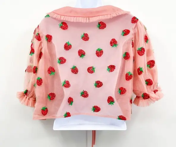 Lirika Matoshi Strawberry Print Tulle Tie Front Collared Cropped Blouse Top Pink Size XXL