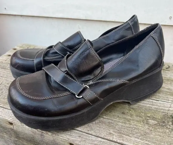 Vintage 90s Y2K LEI Brown Chunky Platform Clogs Faux Strap Size 11