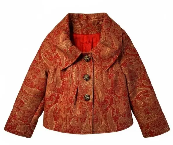 Handmade Custom Red Gold Paisley Brocade Jacket Womens Small Blazer Wide Collar