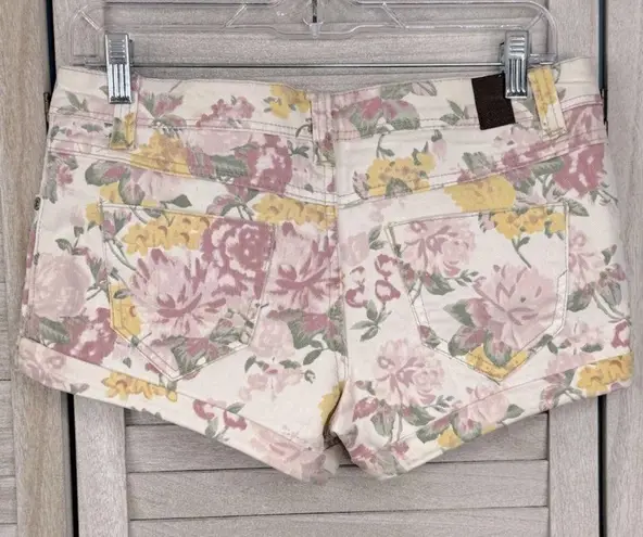 HIGHWAY JEANS Pastel Floral Stretch Denim Folded Hem Jean Shorts White/Multi
