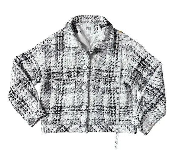 Cache Plaid Tweed Metallic Lined Button Up Jacket Black & White Size Medium