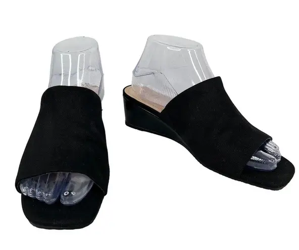 NYDJ Claudine Wedge Mule Sandals Black Canvas Slip-on 8 Patent Wedge New