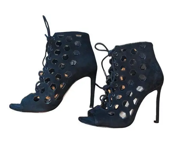 via spiga  Eloise Black Suede Cage Booties Heels