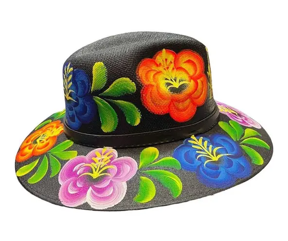 HAT MEXICAN Artisanal Hand Painted Fedora Floral Sombrero Panama Bohemian Black
