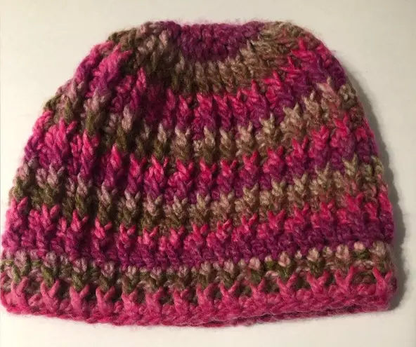 Handmade crochet knit winter hat with pony hole pink and brown tones fits women