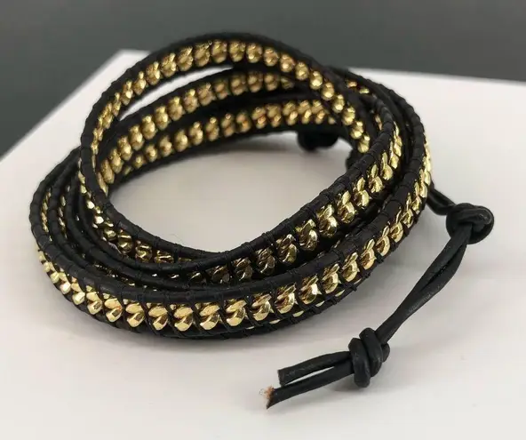 Ronnie M Golden Midnight Black Leather Gold Chain Adjustable Wrap Bracelet