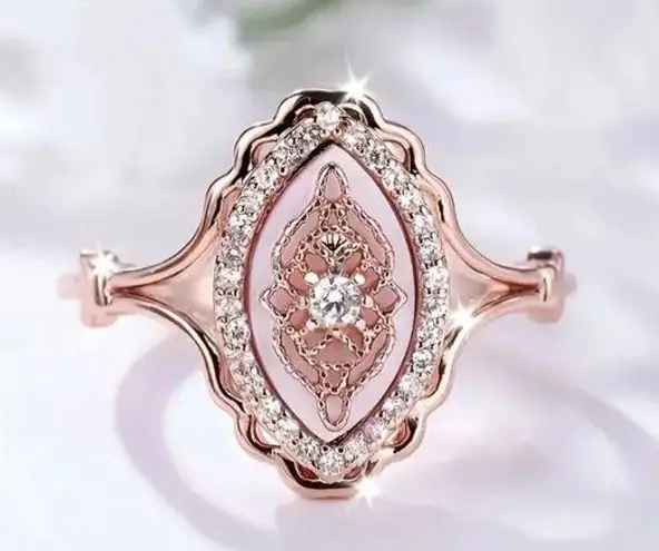 Shiny Zirconia Inlaid Ring Exquisite Flower Design Finger Ring Boho retro size 5 Pink