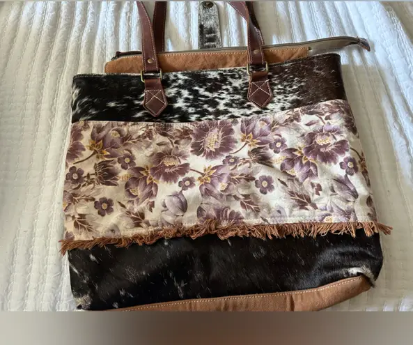 Myra Bag Brown and Black Patchwork Tote with Leather Accents