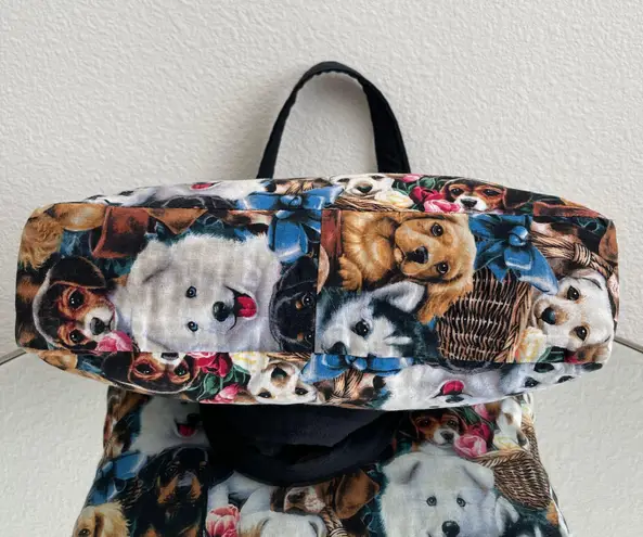 Vintage 90s Puppies & Dogs in Flower Baskets Handmade Quilted Shoulder Tote Bag Multi