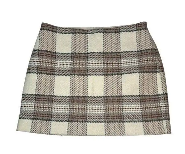 H&M Womens  Cream Brown Gray Plaid Wool Blend Mini Skirt Side Zip Size 12