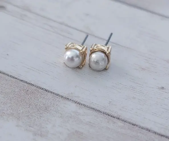 Vintage Stud Earrings Faux Pearl with Square Gold Tone Halo