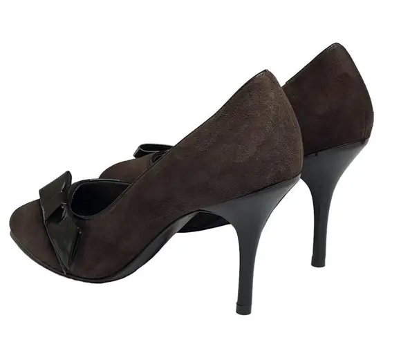 via spiga new β Peep Toe Stiletto Heels Pumps β Chocolate Suede + Patent Leather