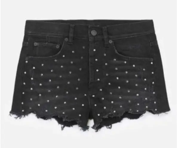 The Kooples Studded Denim Distressed Fray Cheeky Mini Shorts Black