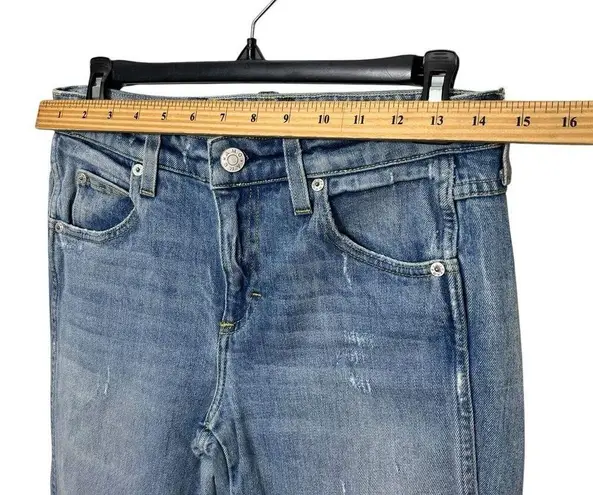 AMO Kick Crop Jeans in Sweet Cheeks Distressed Raw Hem Mid Rise Women’s Size 26 Blue