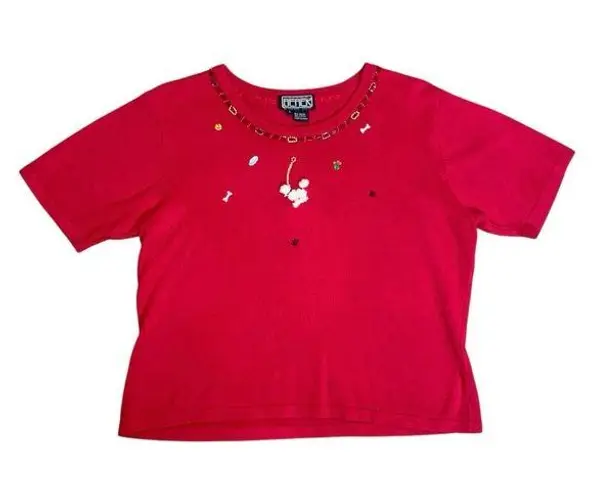 Vintage 90s Artsy 3D Poodle Dog Beaded Embroidered Short Sleeve Red Knit Top Size L