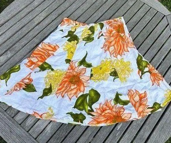 Premise Women's Size 12 Floral Rose Print Linen Blend Skirt White Yellow Cottage