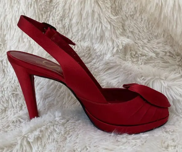 Delman Red Satin Peep Toe Slingback Heels Size 6.5