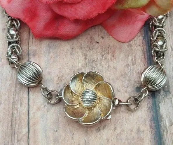 Vintage Byzantine Chain Ball Bead Collar Necklace Flower Hidden Clasp 22" Japan Gold