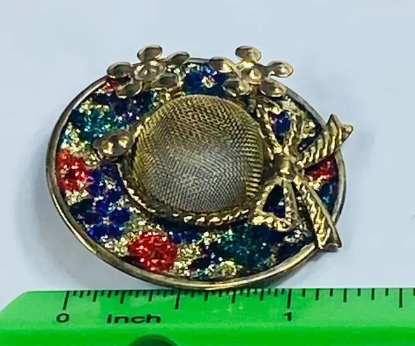 Lady's Hat Shaped Pin Brooch Multicolor Enamel Gold Tone Bow Flowers Vintage
