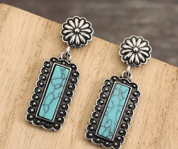 Retro Western Style Geometric Rectangle Turquoise Design Dangle Earrings Blue