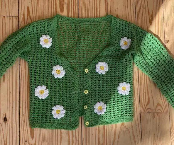 Embroidered Crochet Cardigan Green Size M