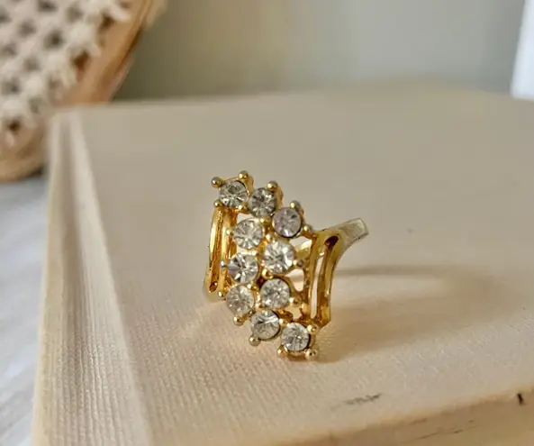 Gold & Sparkly Rhinestone Swoop Cluster Statement Cocktail Ring “Eireann” Femme Jewelry