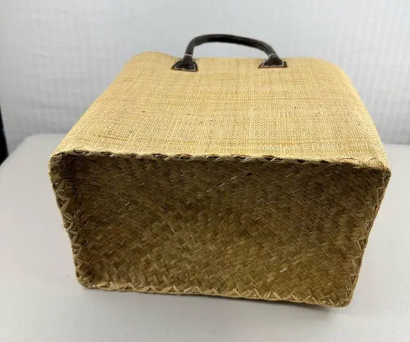 ONIGO Elegant Natural Woven Handmade French Basket Tan Tote Bag Leather Handles