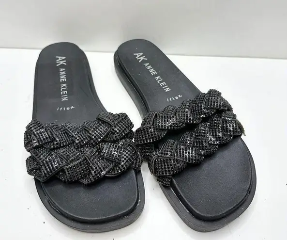 Anne Klein  Sandals Women 6 Black Journi Rhinestone Embellished Flat Slides