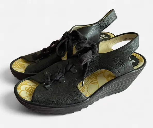 Fly London Yifa Lace Up Sling Back Sandal Wedges in Black Size 40 US 9-9.5