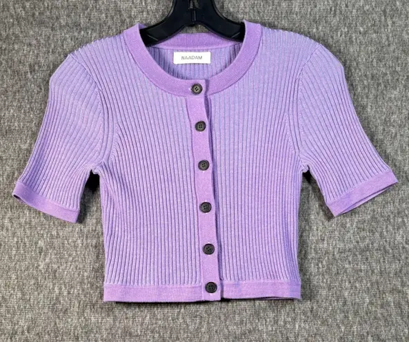 NAADAM Purple Ribbed Knit Short Sleeve Button Down Merino SilkCardigan Top XS