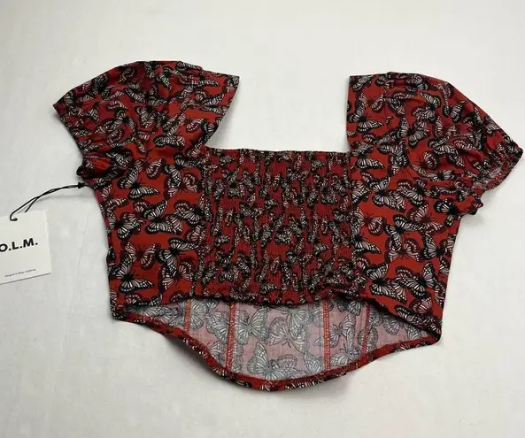 O.L.M. Butterfly Corset Puff Sleeve Cropped Top Red Black Womens Large Fairy NEW