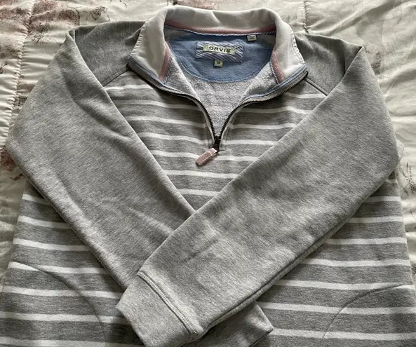 Orvis Striped Gray 1/4 Zip Logo Pockets Pullover Sweatshirt, size M