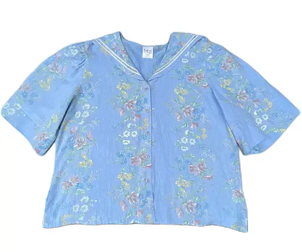 Vintage 80s Floral Blue Button Up Blouse Size 24W