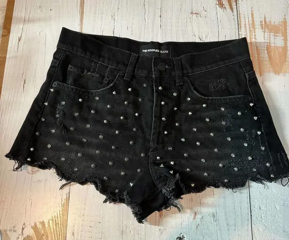 The Kooples Studded Denim Distressed Fray Cheeky Mini Shorts Black
