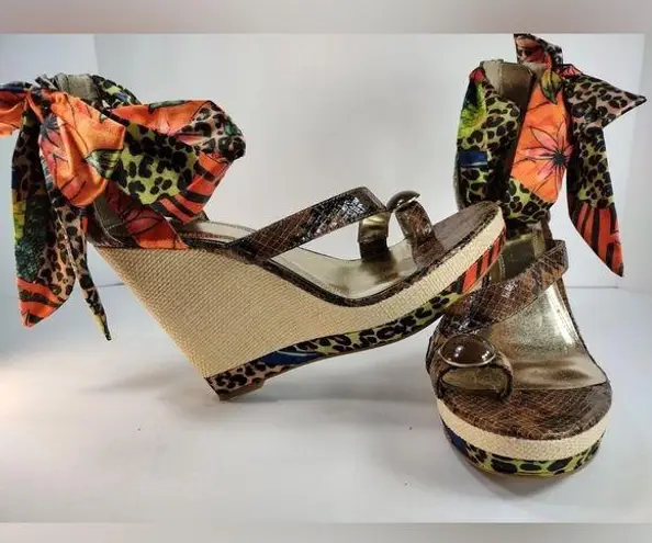 NWT Carlos Falchi Cruz Multi Animal Print Ribbon Wedges Size 9.5 Brown