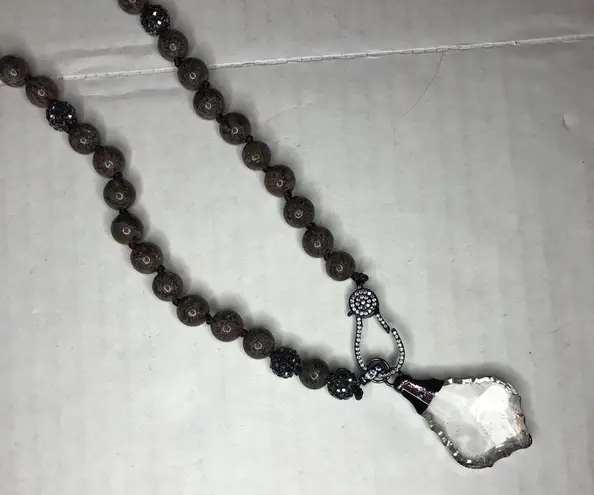 Necklace Black Lava & Pave Beads w/ Crystal Pendant & Pave Lobster Clasp NEW