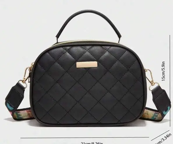 Quilted Square Bag Metal Decor PU Black Zipper