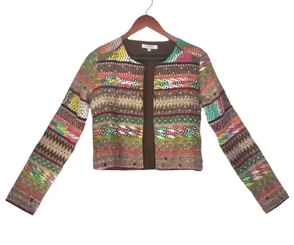 Glamorous Multi Geo-Tribal Stripe Trophy Embelished Open Front Cropped Jacket