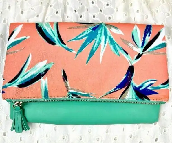 Rachel Pally Reversible Clutch Mint/Coral Tropical Floral Print Fold Over Bag