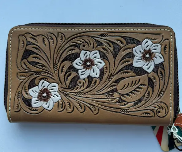 Genuine Leather Floral Western Spacious Wallet Tan