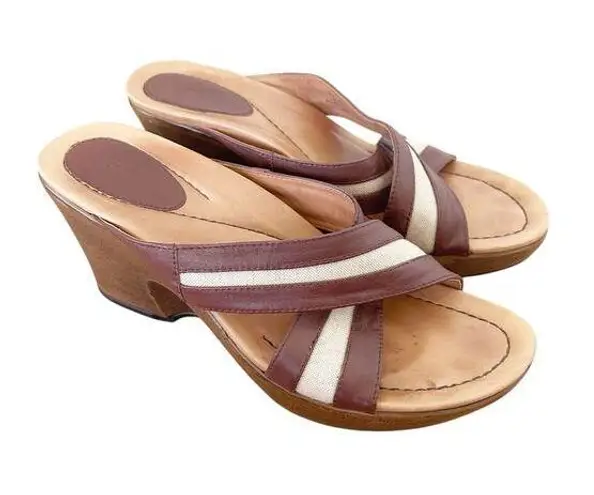 Dansko Neeci Brown Leather Linen Heels Slide Sandals Sz 39