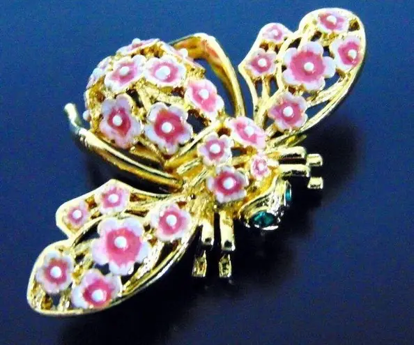 Joan Rivers Cherry Blossom Flower BEE PIN Brooch Pink Enameled Gold Pave Crystal