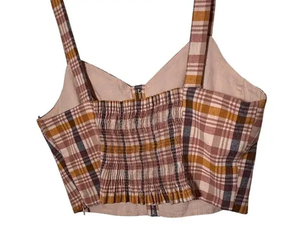 ZARA  Plaid Size Large Neutral Cropped Smocked Summer Vacation Retro Faux Buttons