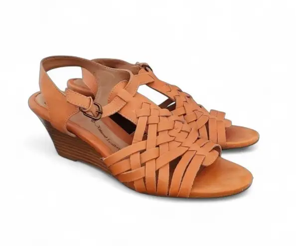 Sofft Cognac Woven Leather Slingback Wedge Sandals Size 6.5M Brown