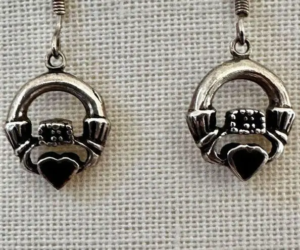 Sterling Silver Claddagh Earrings with Black Onyx Hearts
