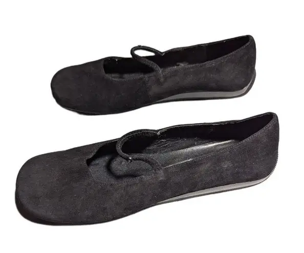Vtg 1990s Newport News Black Suede Square Toe Elastic Strap Mary Jane Flats 10 W