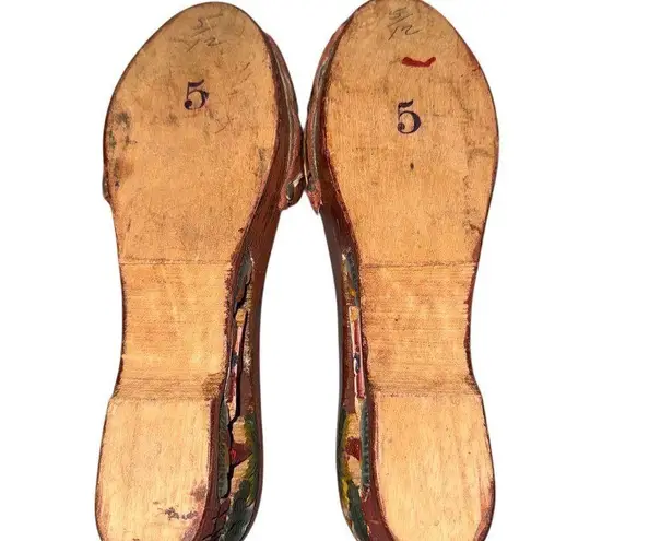 Handmade Vintage Hand Carved Wooden Women's Shoes with Embroidery Size 6