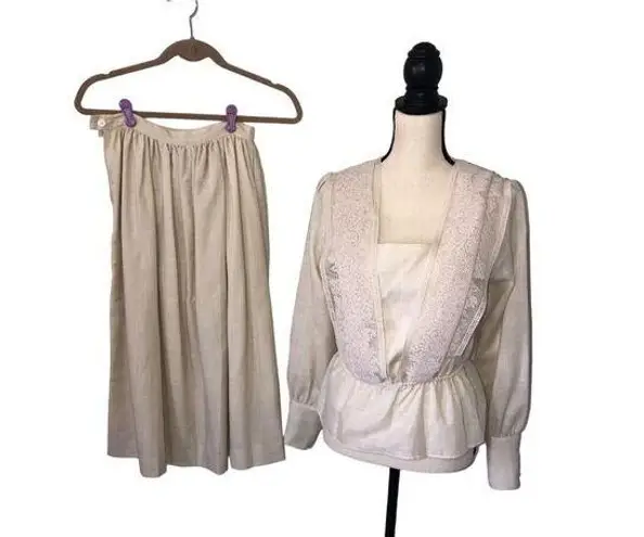 Vintage Set Top Skirt Size S Cream Lace Long Sleeve 80"s Cottagecore Modest USA